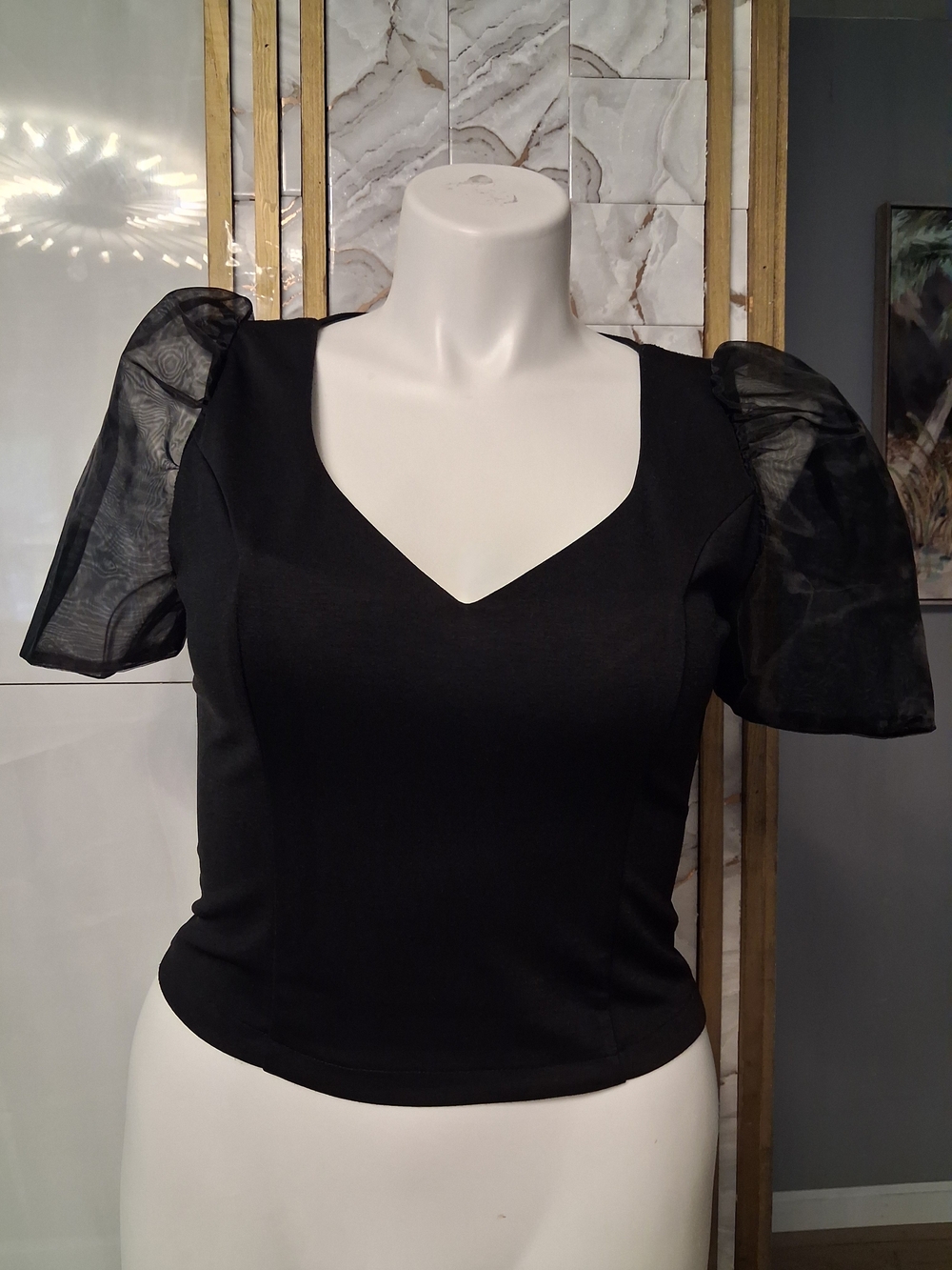 Women's Black V-Neck Puff Sleeve Blouse